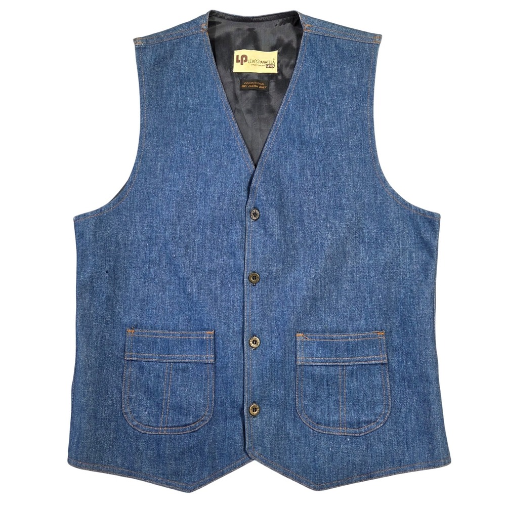 Vintage 70s Levis Panatela Denim Vest Mens Blue Western Waistcoat Lined Cowboy
